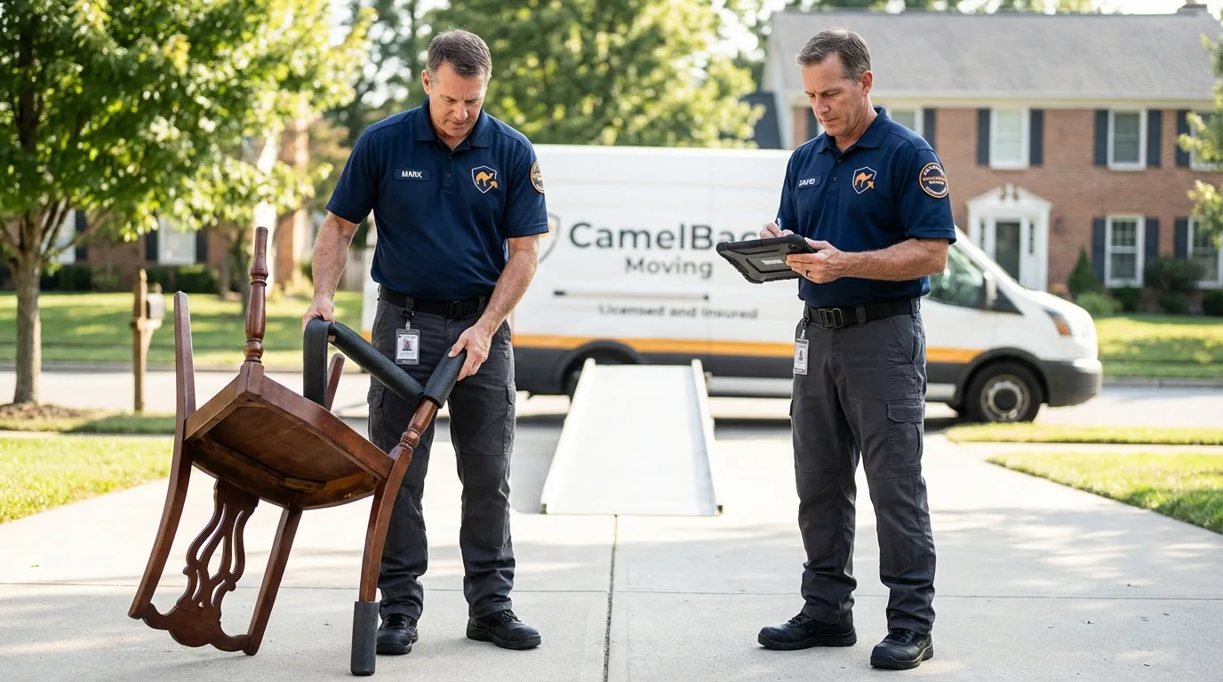 Movers inspecting furniture for damage prevention before loading in Fairview, OK