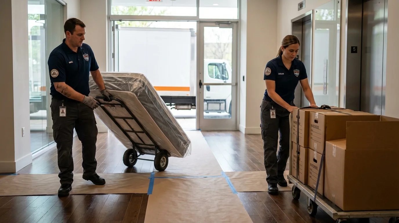 Professional apartment movers loading elevator in Fairview, OK
